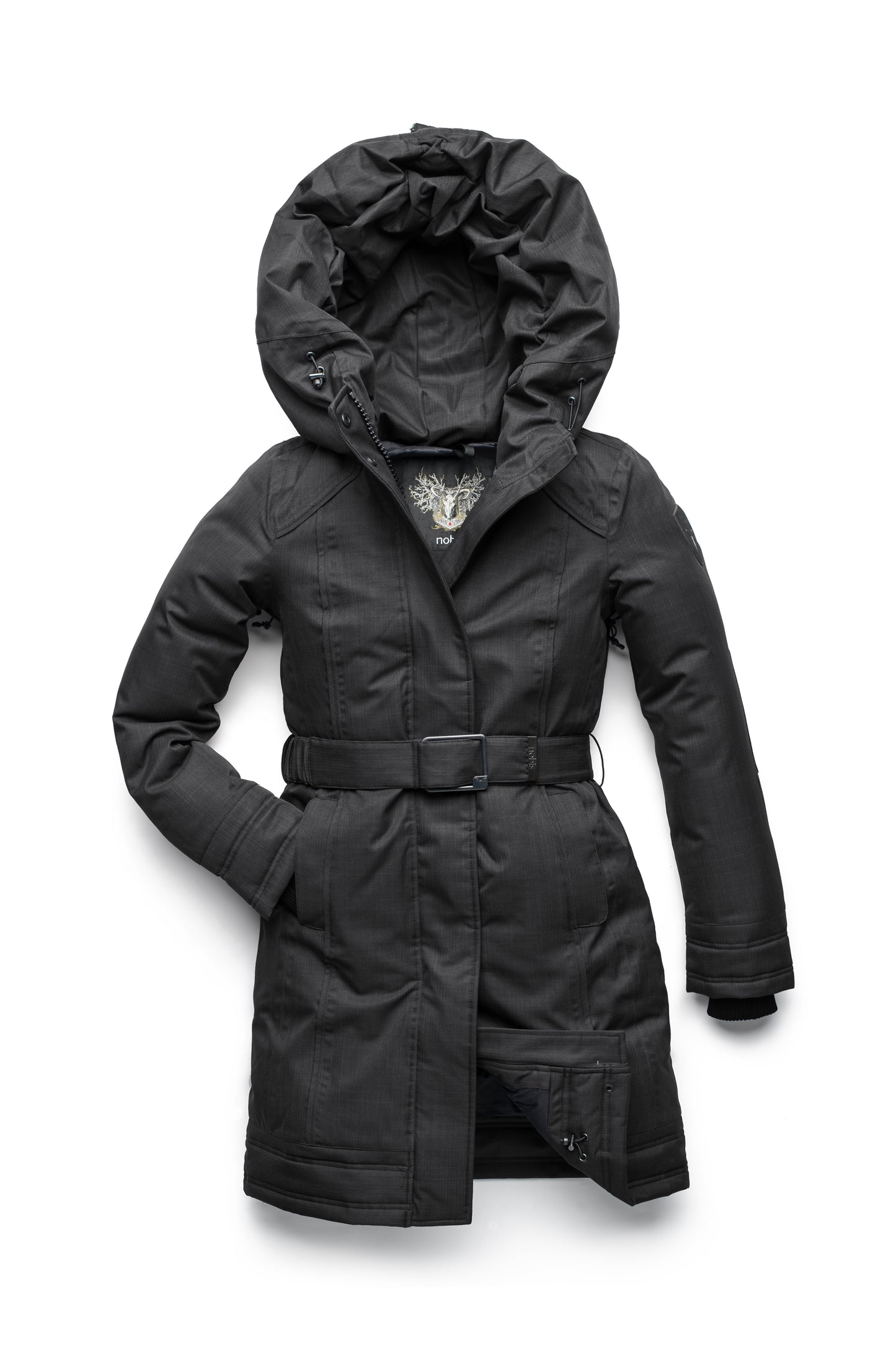 Women's Thigh length own parka with a furless oversized hood in CH Black