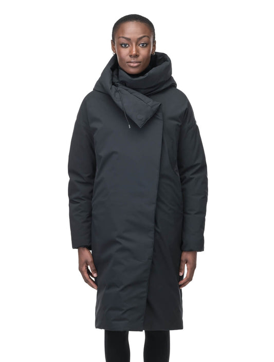 Axis Ladies Oversized Coat in knee length, Canadian duck down insulation, and two-way front zipper, in Black