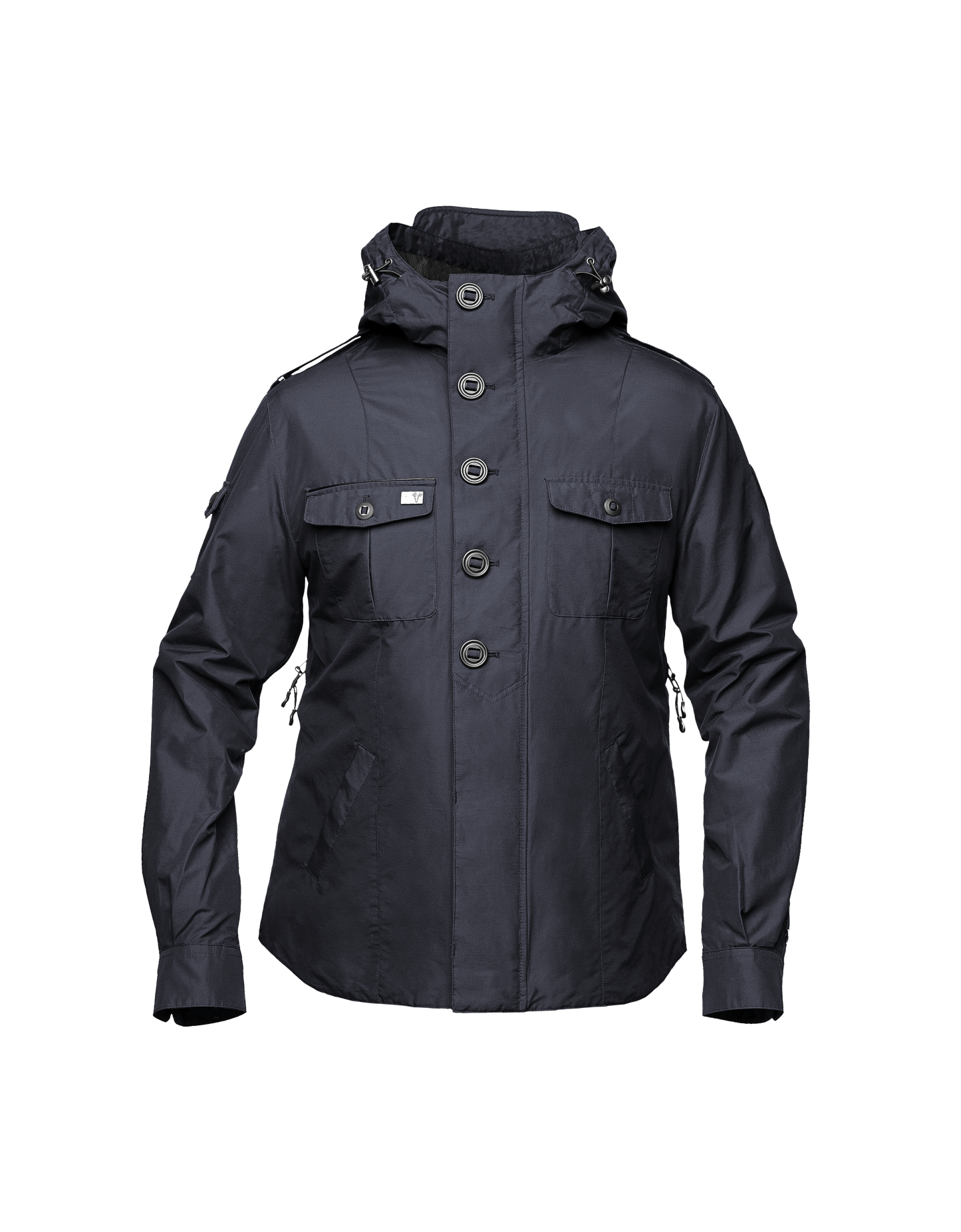 Men's hooded shirt jacket with patch chest pockets in Navy