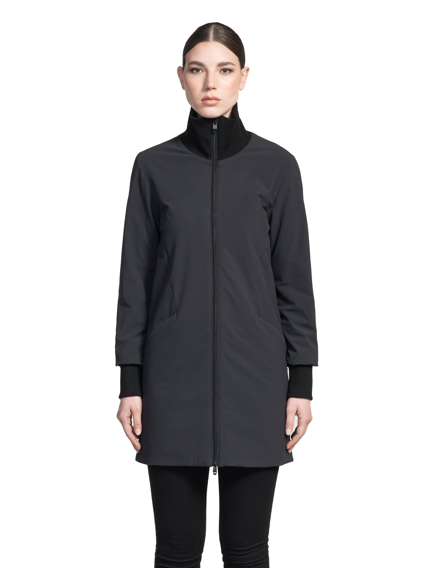 Mora Ladies Mid Layer Rib Neck Jacket in thigh length, Primaloft insulation, ribbing at collar and cuffs, and two-way front zipper, in Black