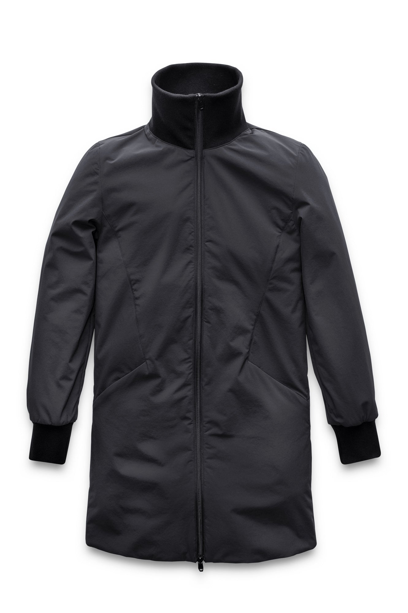 Mora Ladies Mid Layer Rib Neck Jacket in thigh length, Primaloft insulation, ribbing at collar and cuffs, and two-way front zipper, in Black