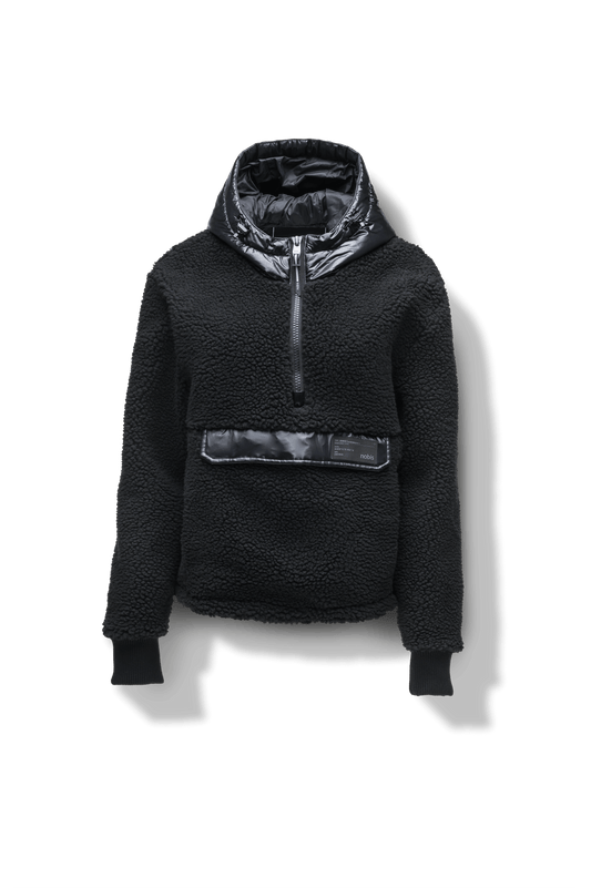 Roche Women's Hybrid Berber Pullover Hoodie in hip length, premium berber and cire technical nylon taffeta fabrication, Primaloft Gold Insulation Active+, non-removable hood with zipper at collar, kangaroo pocket with magnetic closure flap and additional side-entry pockets, ribbed cuffs, adjustable drawcords at side hem, in Black + Black