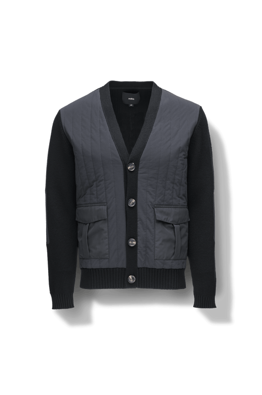 Watson Men's Hybrid V-Neck Sweater in hip length, premium stretch ripstop and 100% virgin extra fine merino wool knit fabrication, Primaloft Gold Insulation Active+, button front closure, snap button closure flap pockets at waist with additional side-entry, in Black + Black