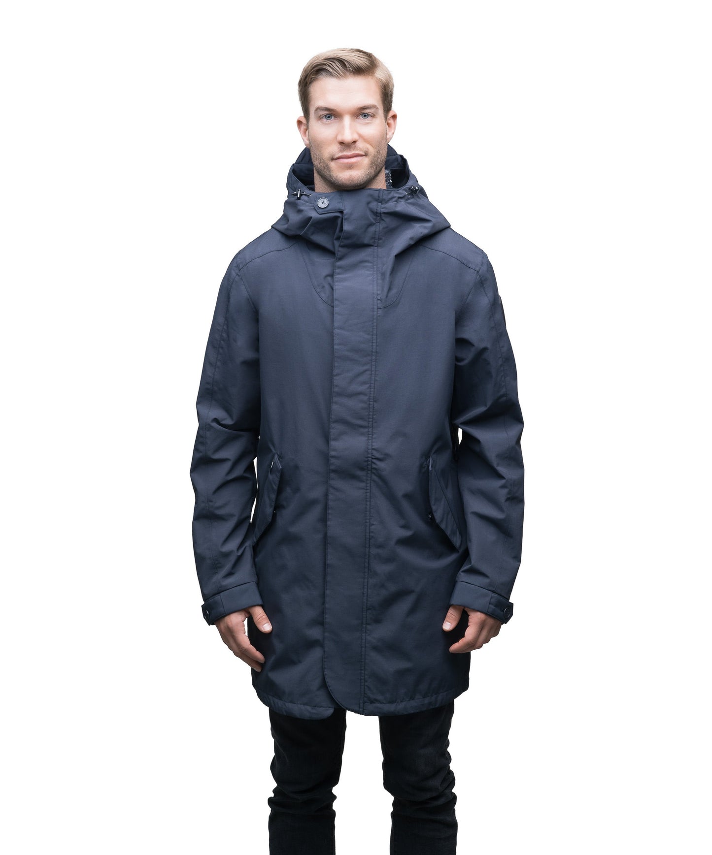 Men's thigh length hooded rain jacket with non-removable hood in Navy