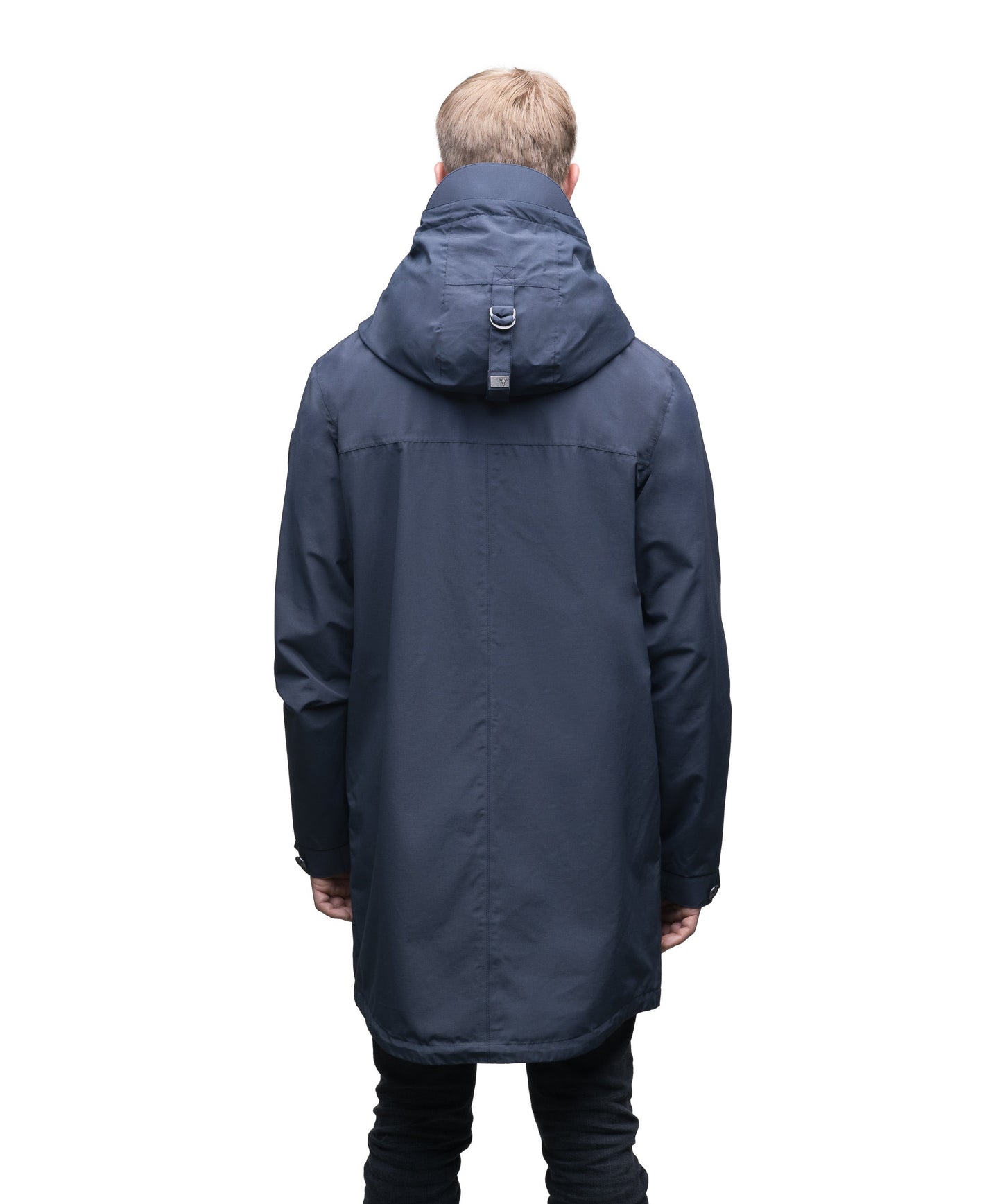 Men's thigh length hooded rain jacket with non-removable hood in Navy