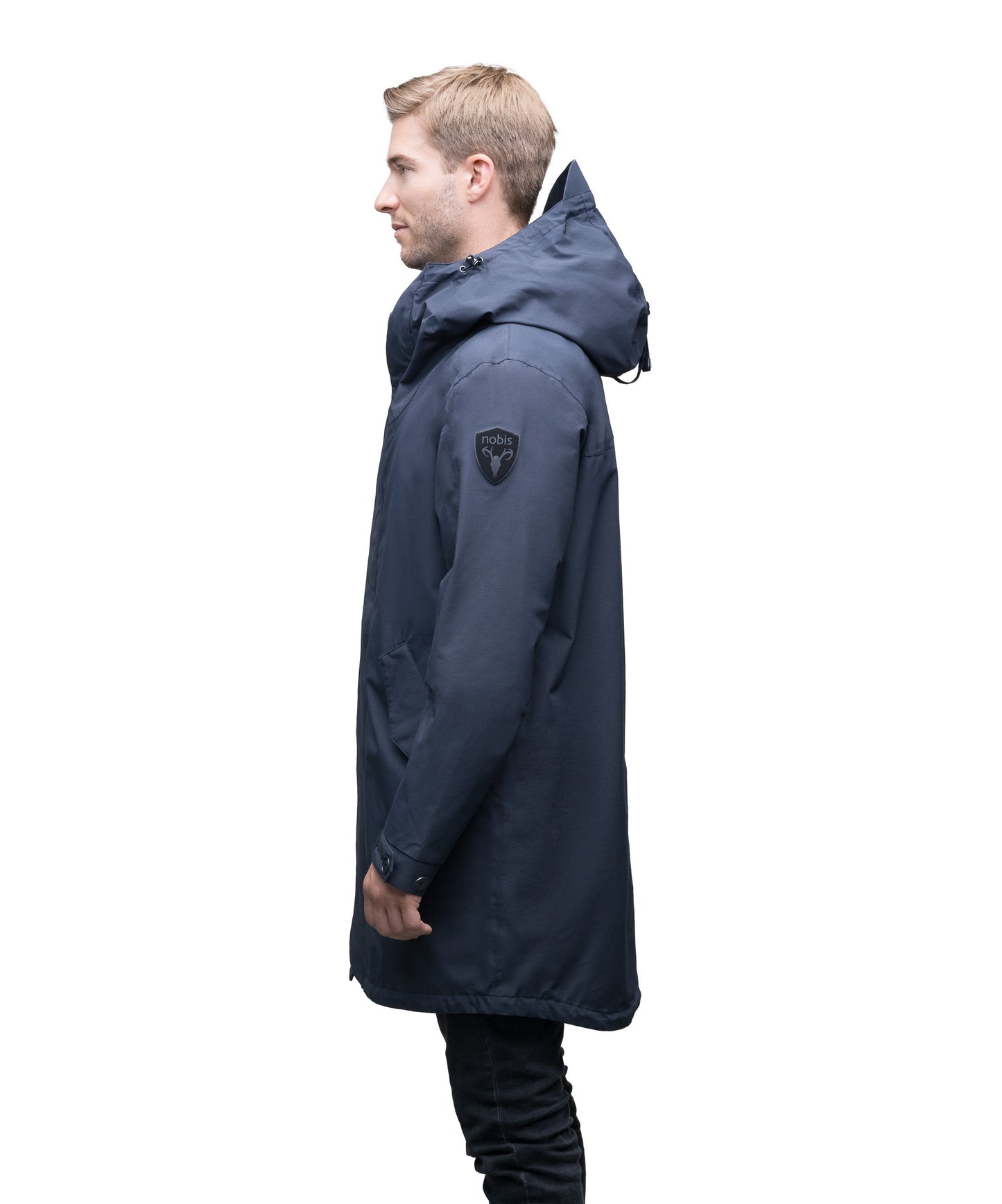 Men's thigh length hooded rain jacket with non-removable hood in Navy