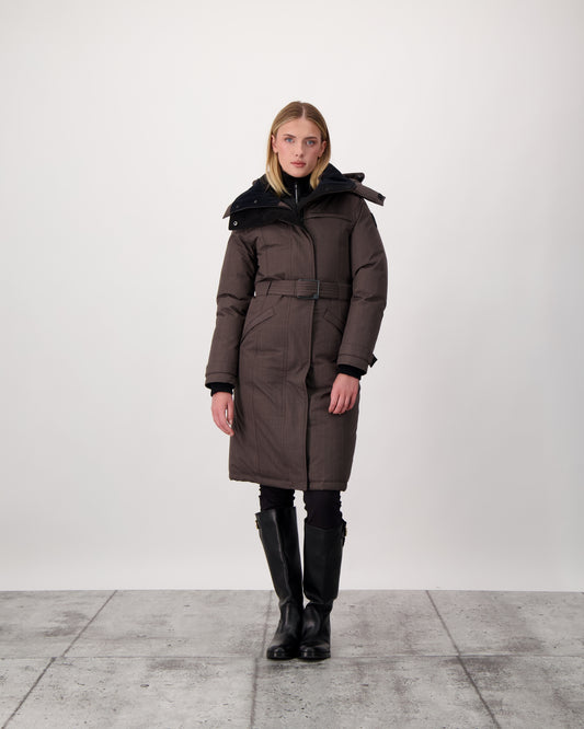 She-Ra women's parka featuring a seam-sealed, waterproof, breathable shell, removable fur trim, magnetic closures, and an adjustable belted waist in Steel Grey