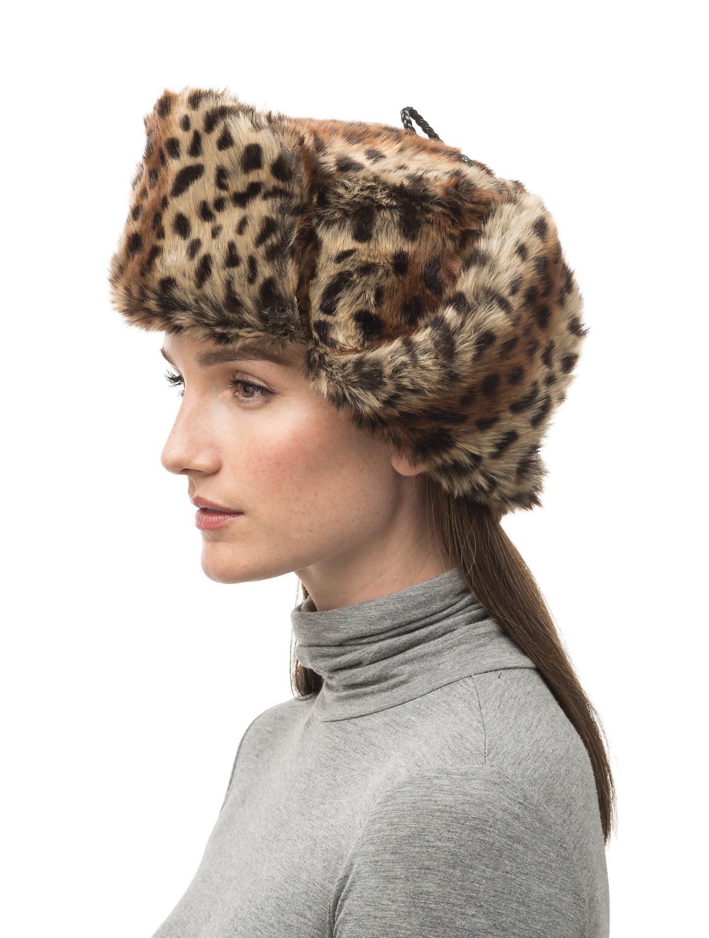 Leopard faux fur fargo trapper hat