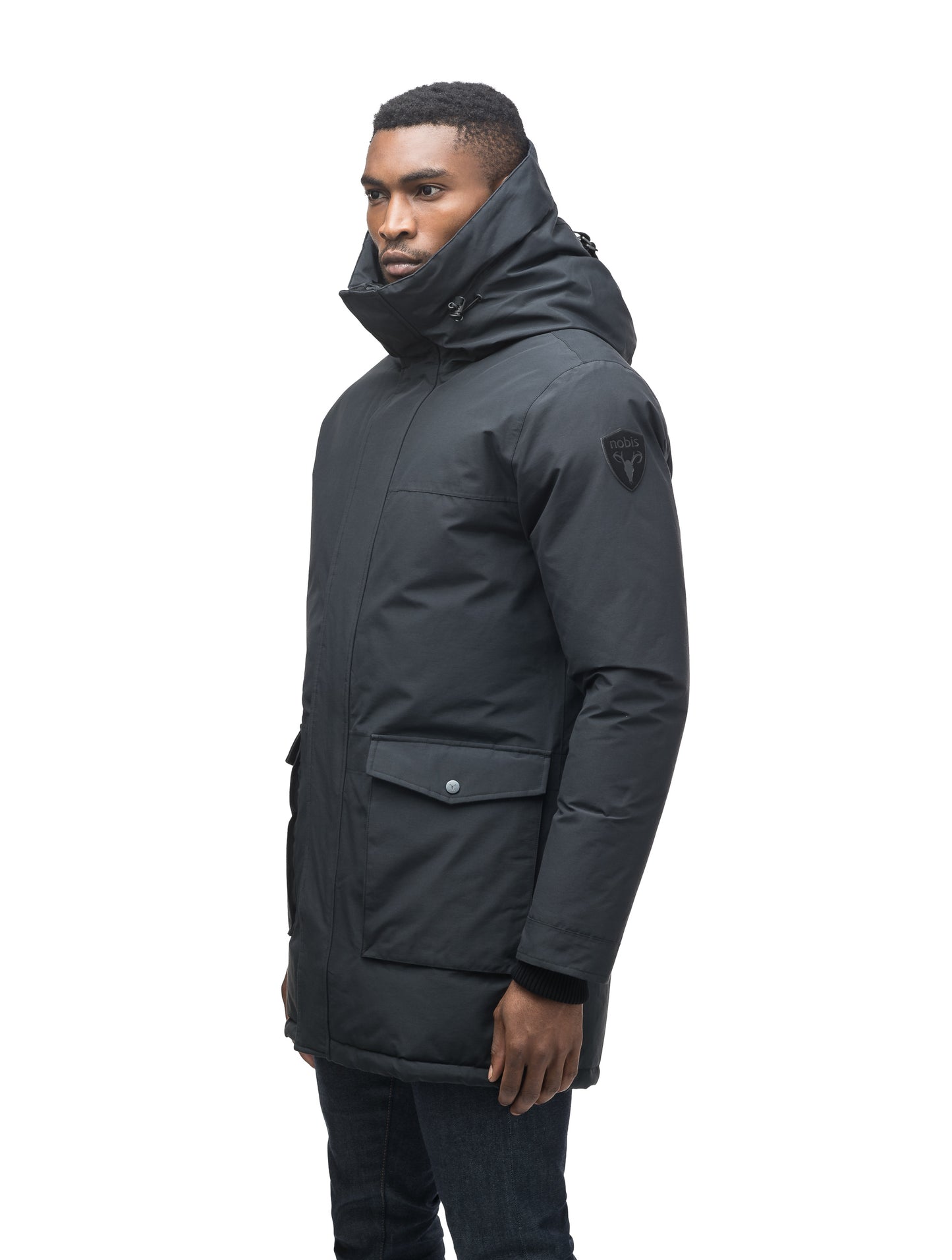 Men's lightweight thigh length down filled parka in Black