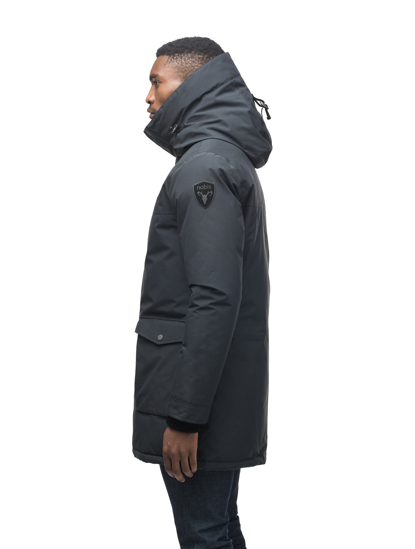 Men's lightweight thigh length down filled parka in Black