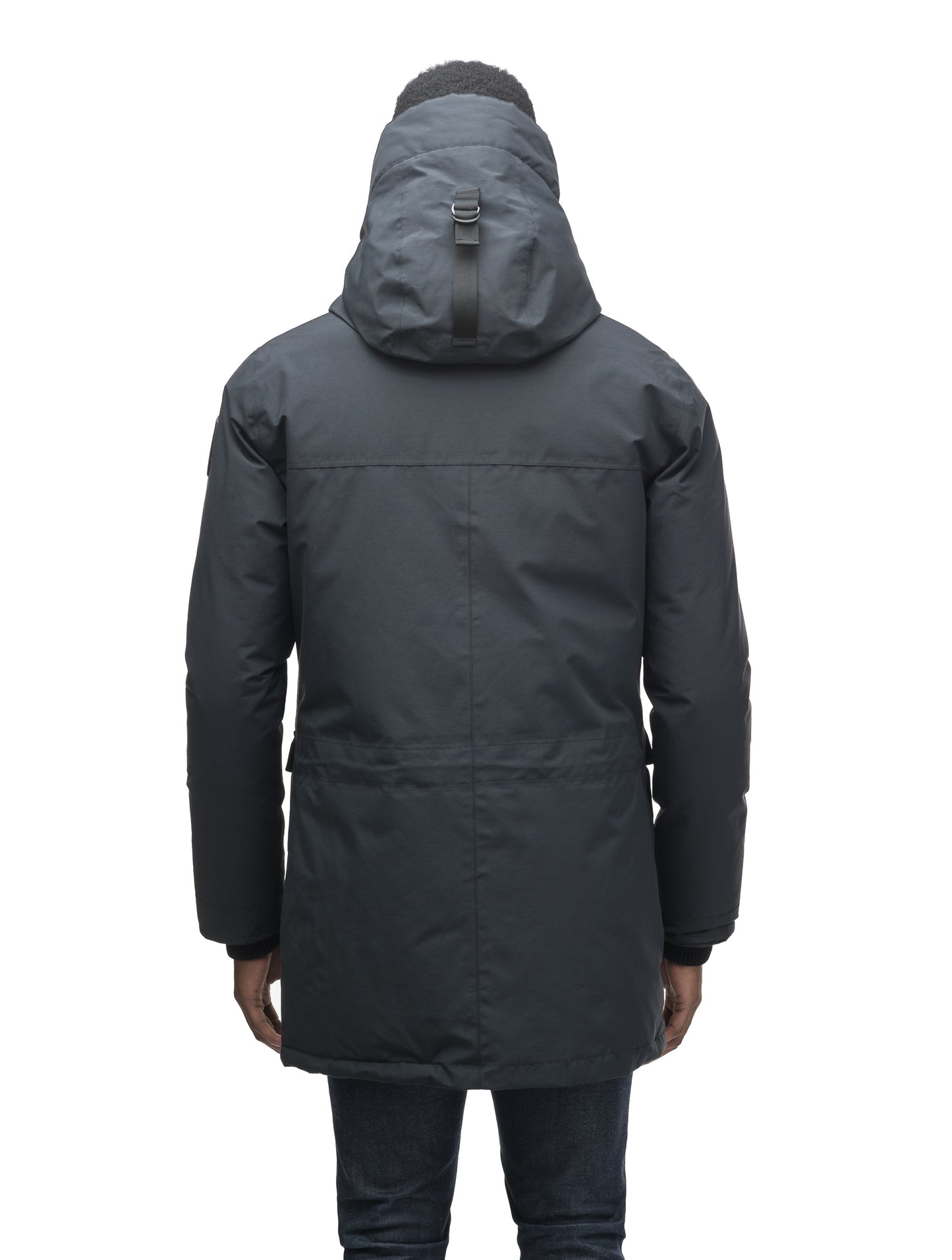 Men's lightweight thigh length down filled parka in Black