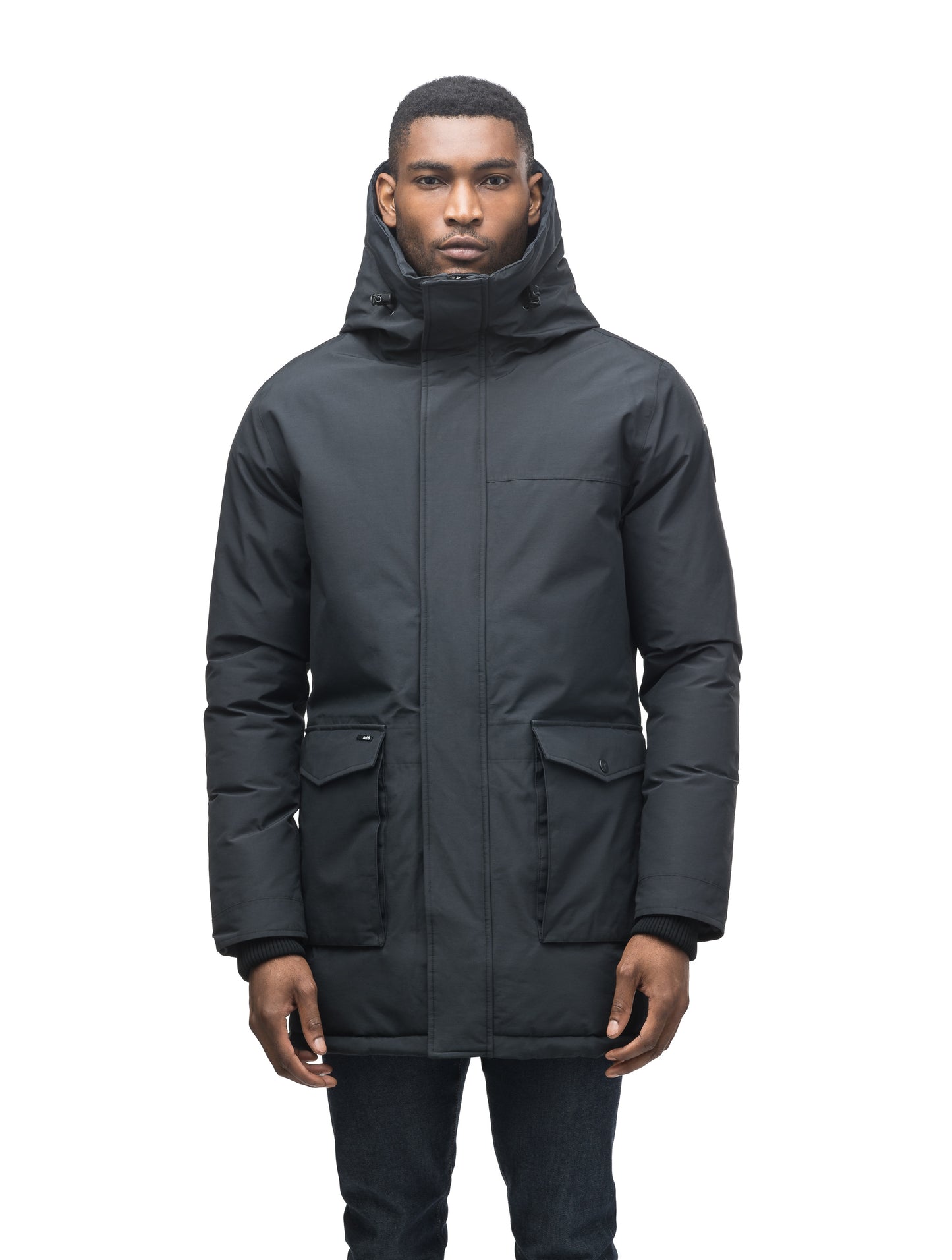 Men's lightweight thigh length down filled parka in Black