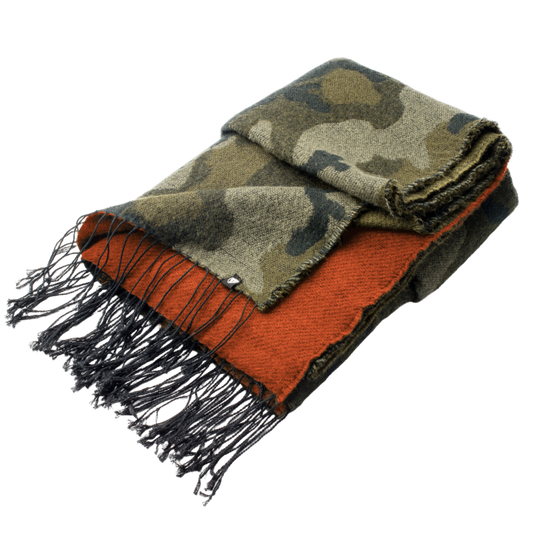Over sized acrylic scarf that is just over six feet long just over two and a half feet wide, one side has a Camo print and the other side is orange with a dark green tassel trim