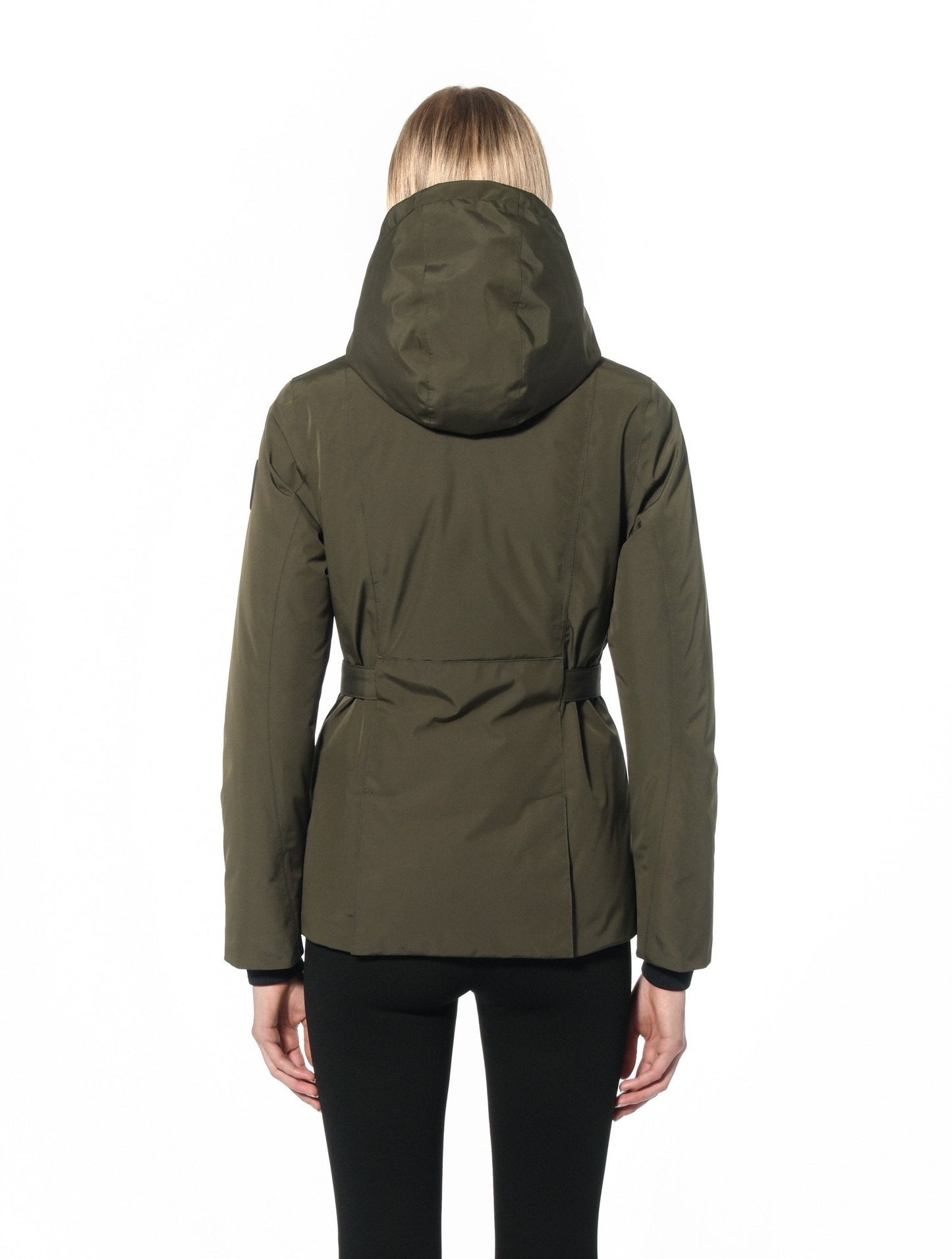 Ladies hip length down-filled parka with non-removable hood and adjustable belt in Fatigue