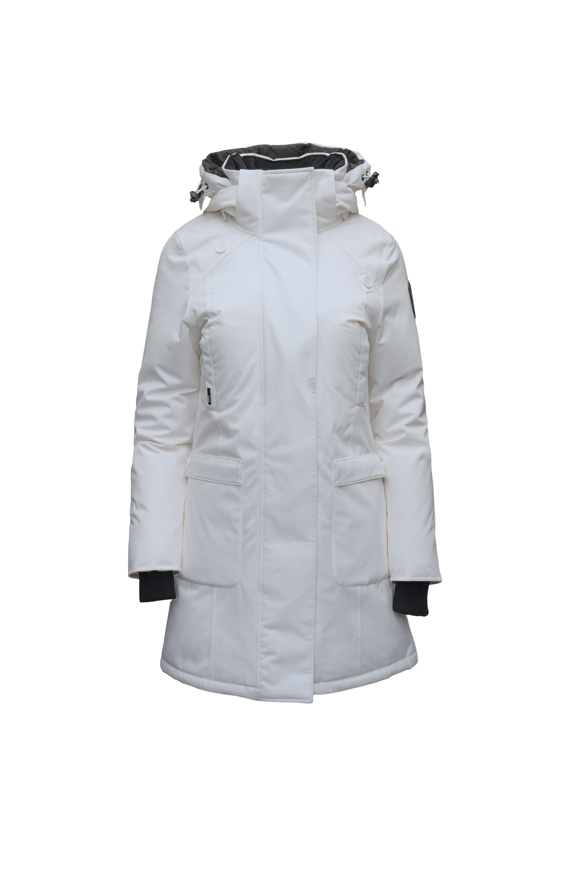 Merideth Furless Ladies Parka in thigh length, Canadian white duck down insulation, removable down-filled hood, centre-front two-way zipper with magnetic wind flap closure, four exterior pockets, and elastic ribbed cuffs, in Light Grey