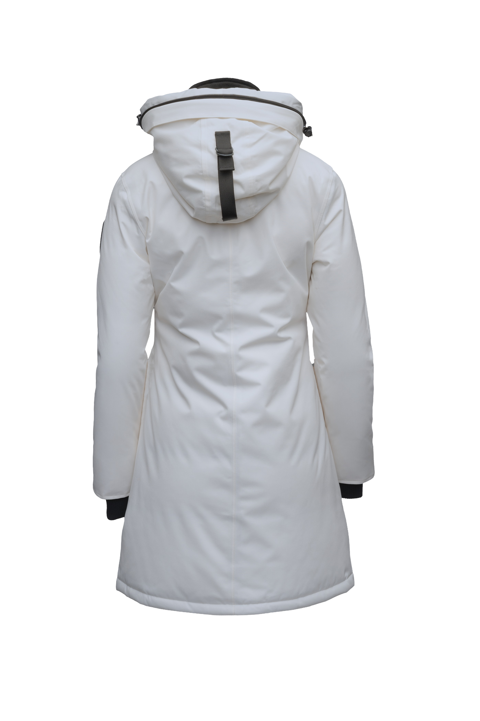 Merideth Furless Ladies Parka in thigh length, Canadian white duck down insulation, removable down-filled hood, centre-front two-way zipper with magnetic wind flap closure, four exterior pockets, and elastic ribbed cuffs, in Light Grey