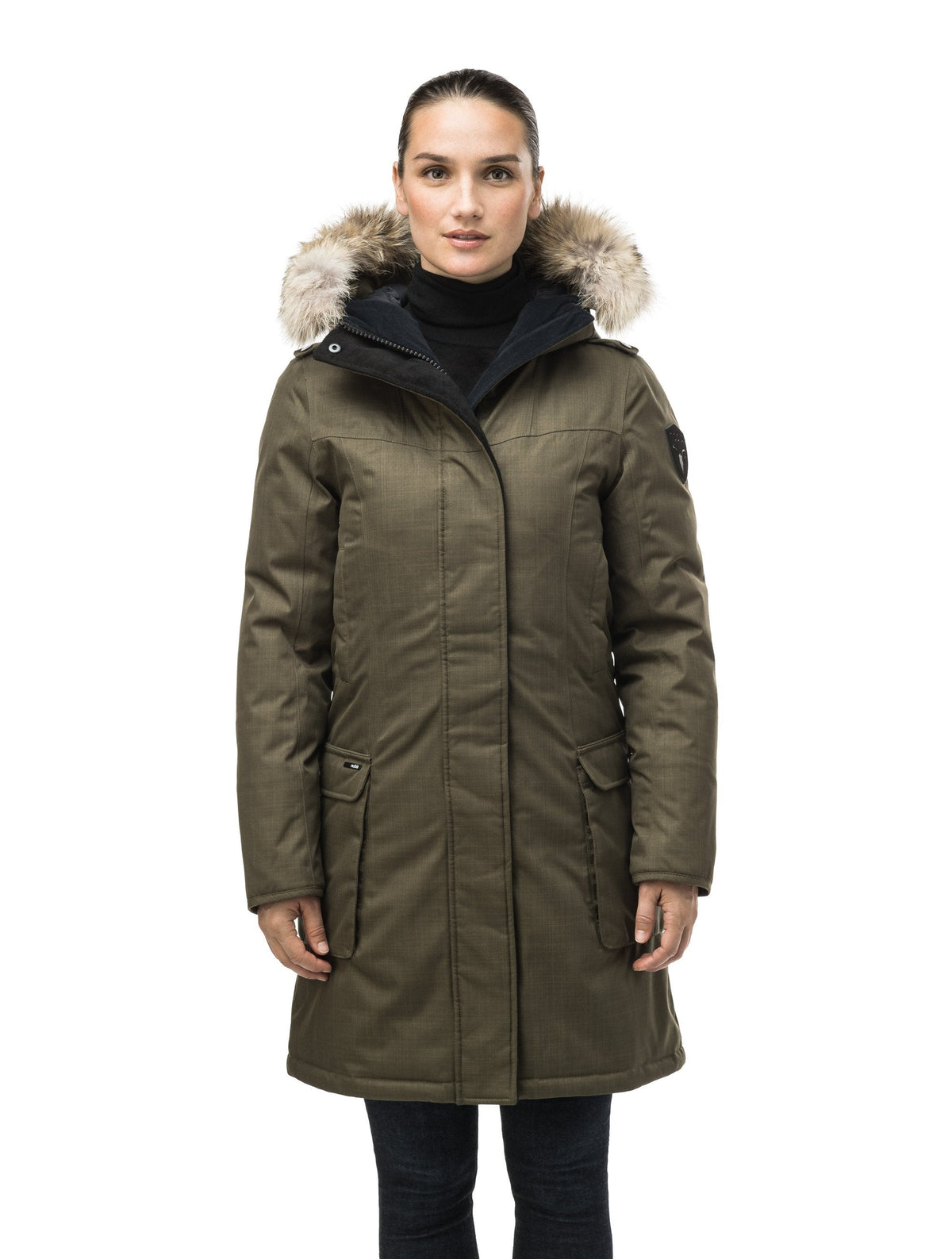 Women's knee length down filled parka with fur trim hood in Army Green