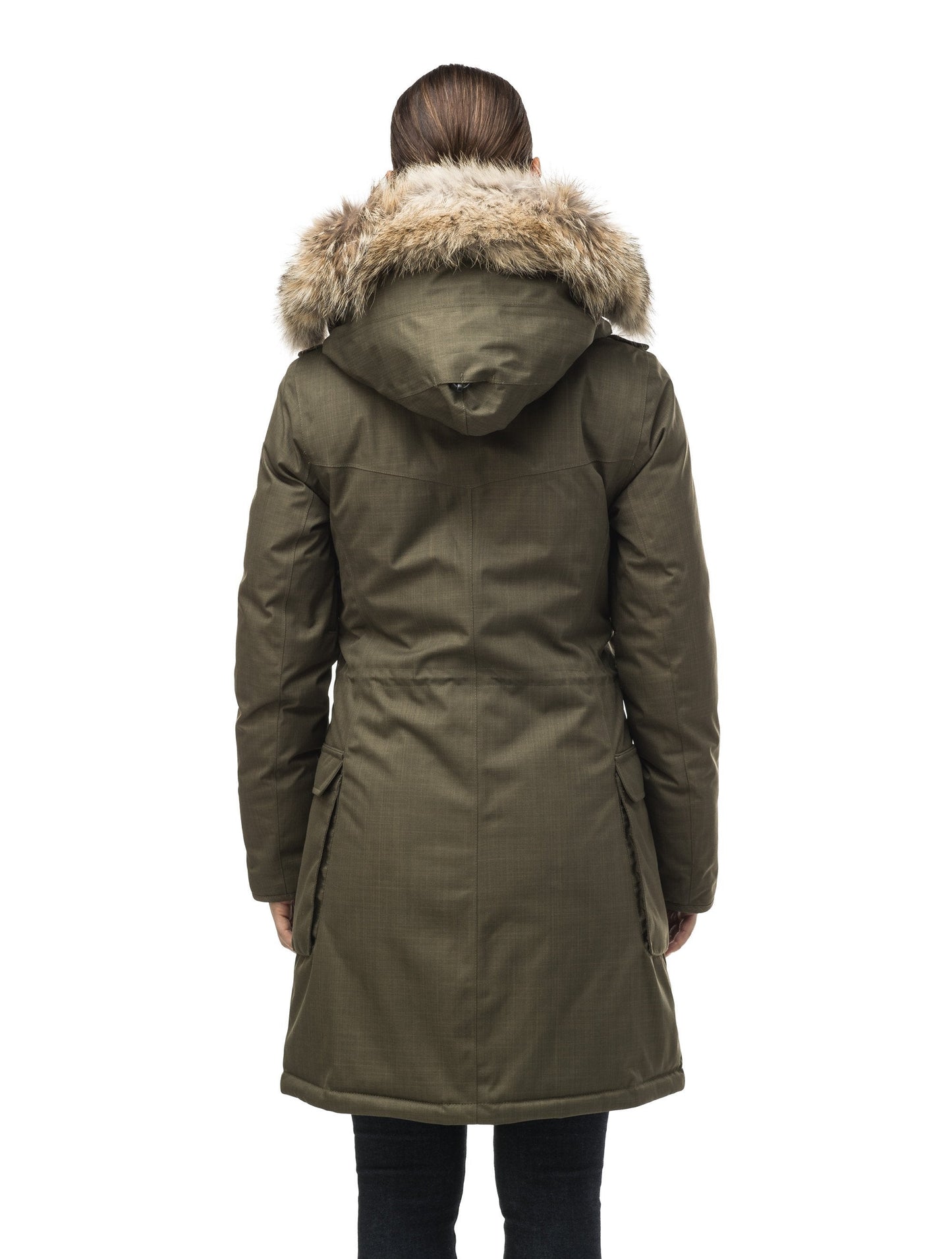 Women's knee length down filled parka with fur trim hood in CH Army Green