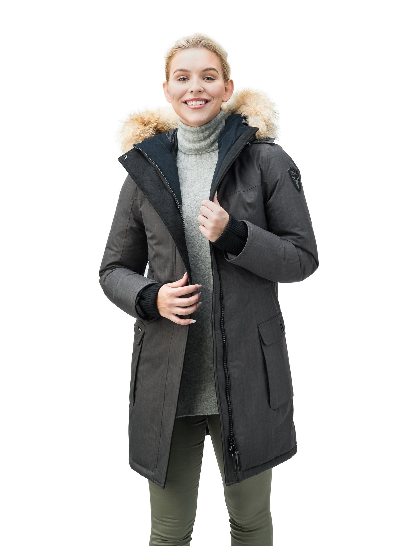 Women's knee length down filled parka with fur trim hood in CH Steel Grey