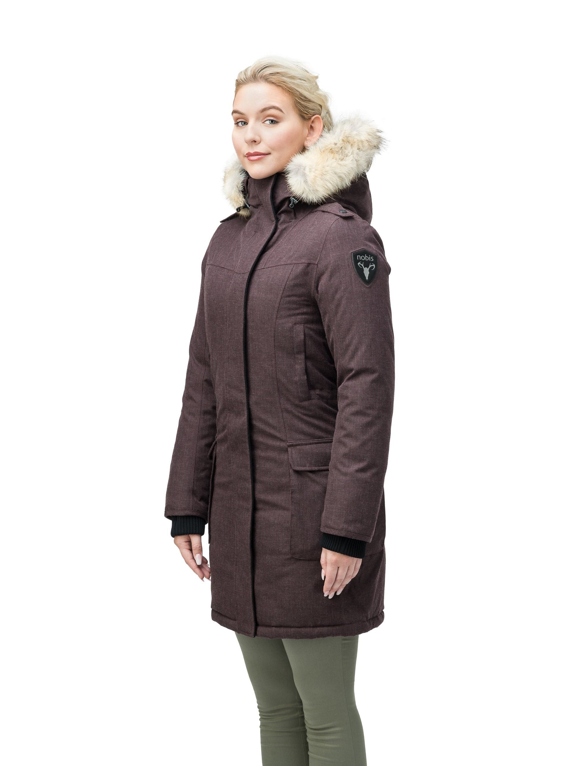 Women's knee length down filled parka with fur trim hood in H. Burgundy