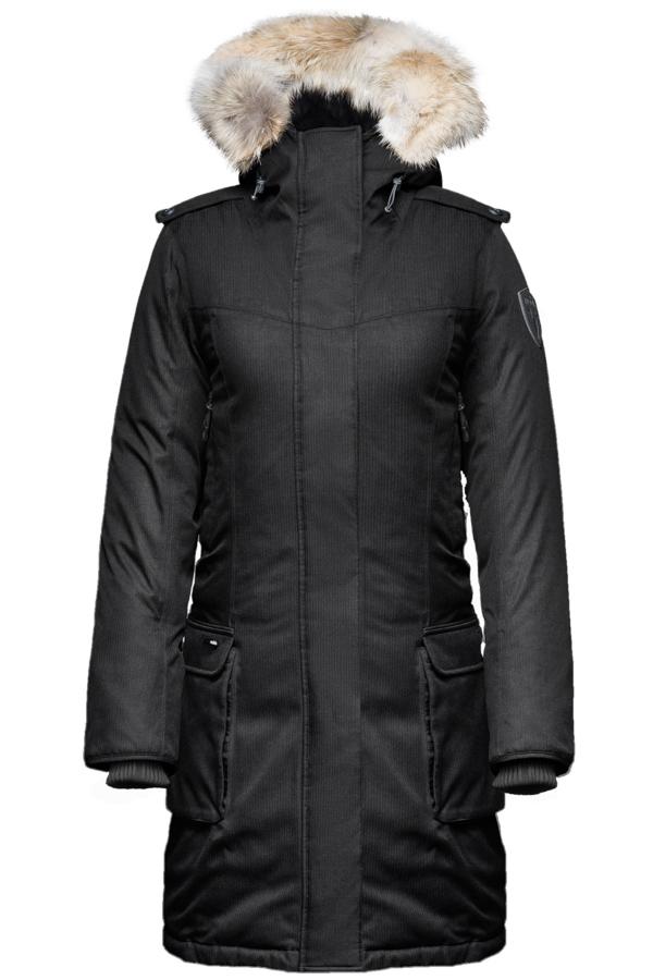 Women's knee length down filled parka with fur trim hood in H. Black