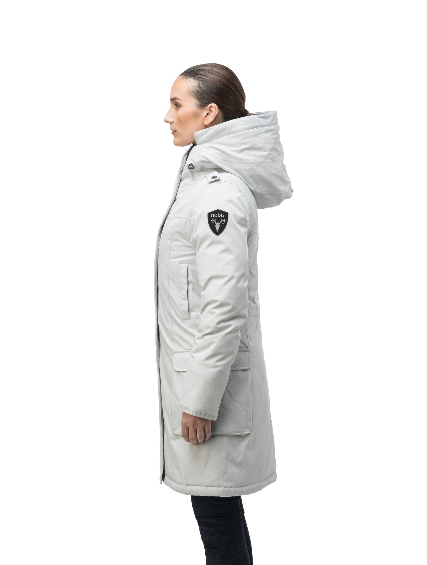 Women's knee length down filled parka with fur trim hood in CH Light Grey