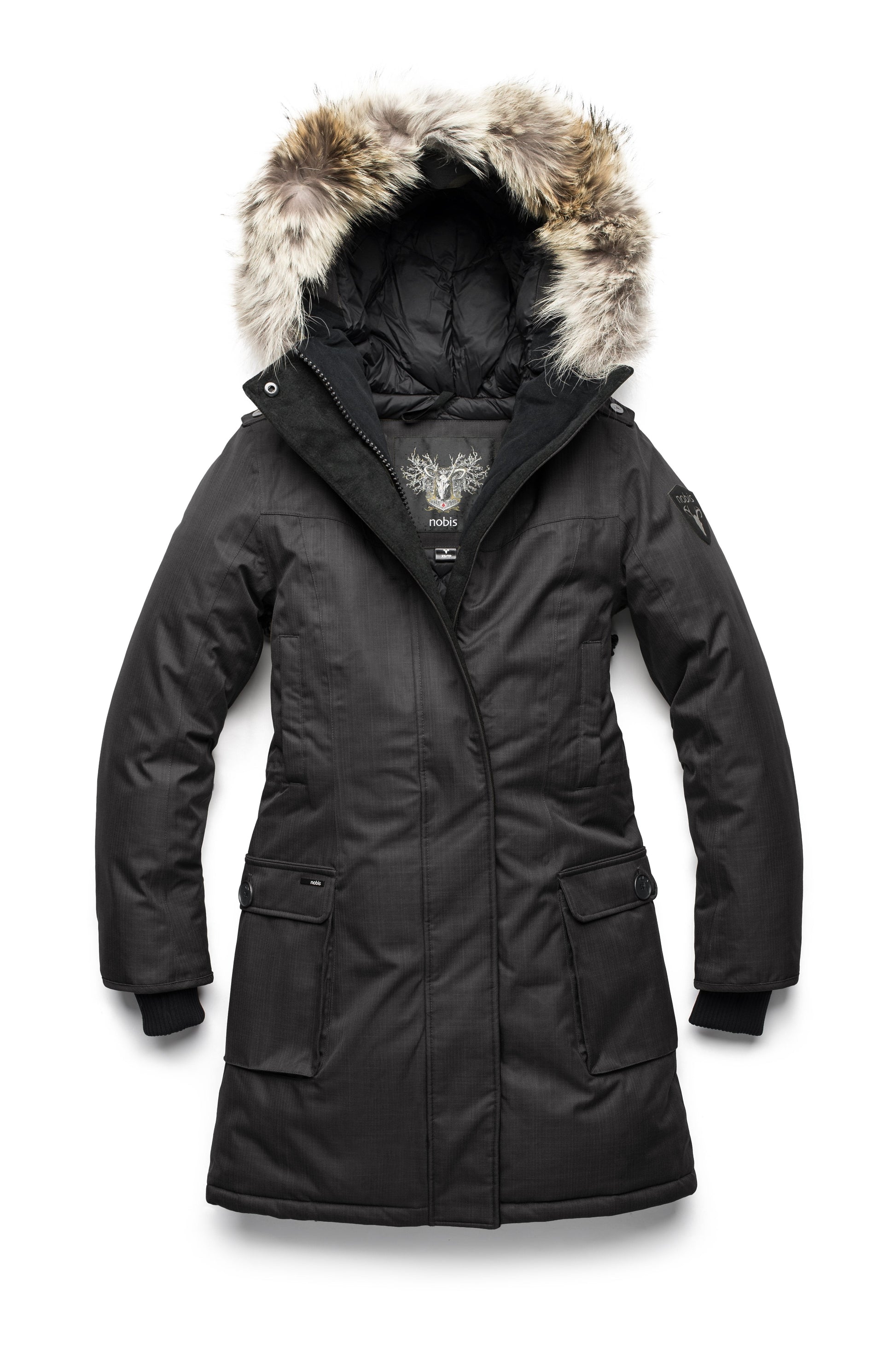 Women's knee length down filled parka with fur trim hood in CH Black