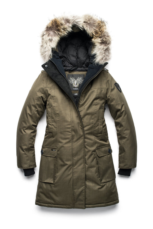 Women's knee length down filled parka with fur trim hood in Fatigue + CH Fatigue