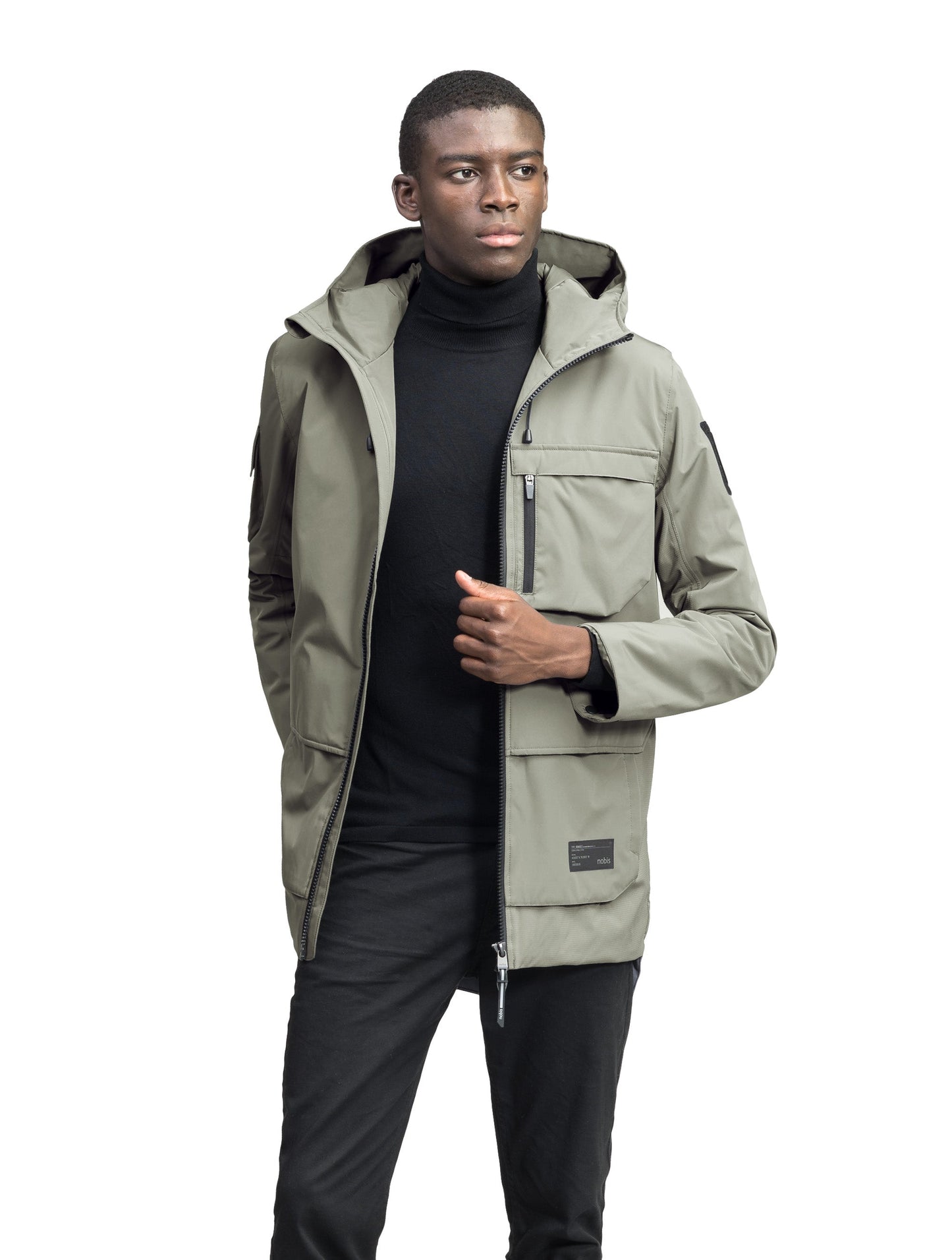 Alta Men's Performance Shell Jacket in hip length, Primaloft Gold Insulation Active+, chest and waist pockets, ventilation under arms, reflective detailing on hood and back, two-way front zipper, and non-removable hood with adjustable drawstrings, in Clover