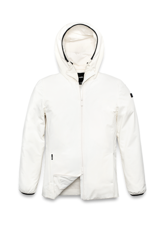 Ladies hip length mid layer jacket with non-removable hood and two-way zipper in Chalk + Chalk