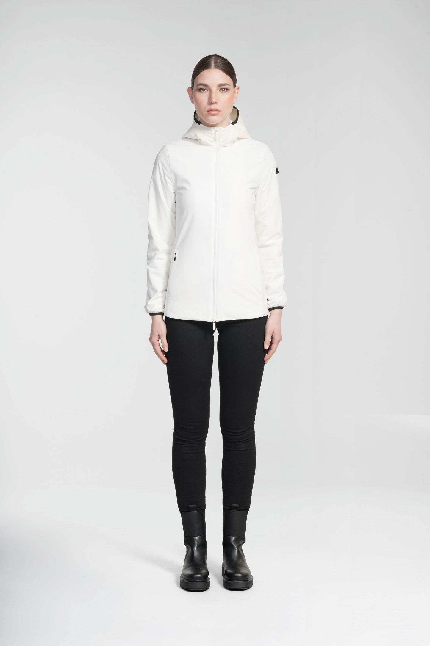 Ladies hip length mid layer jacket with non-removable hood and two-way zipper in Chalk