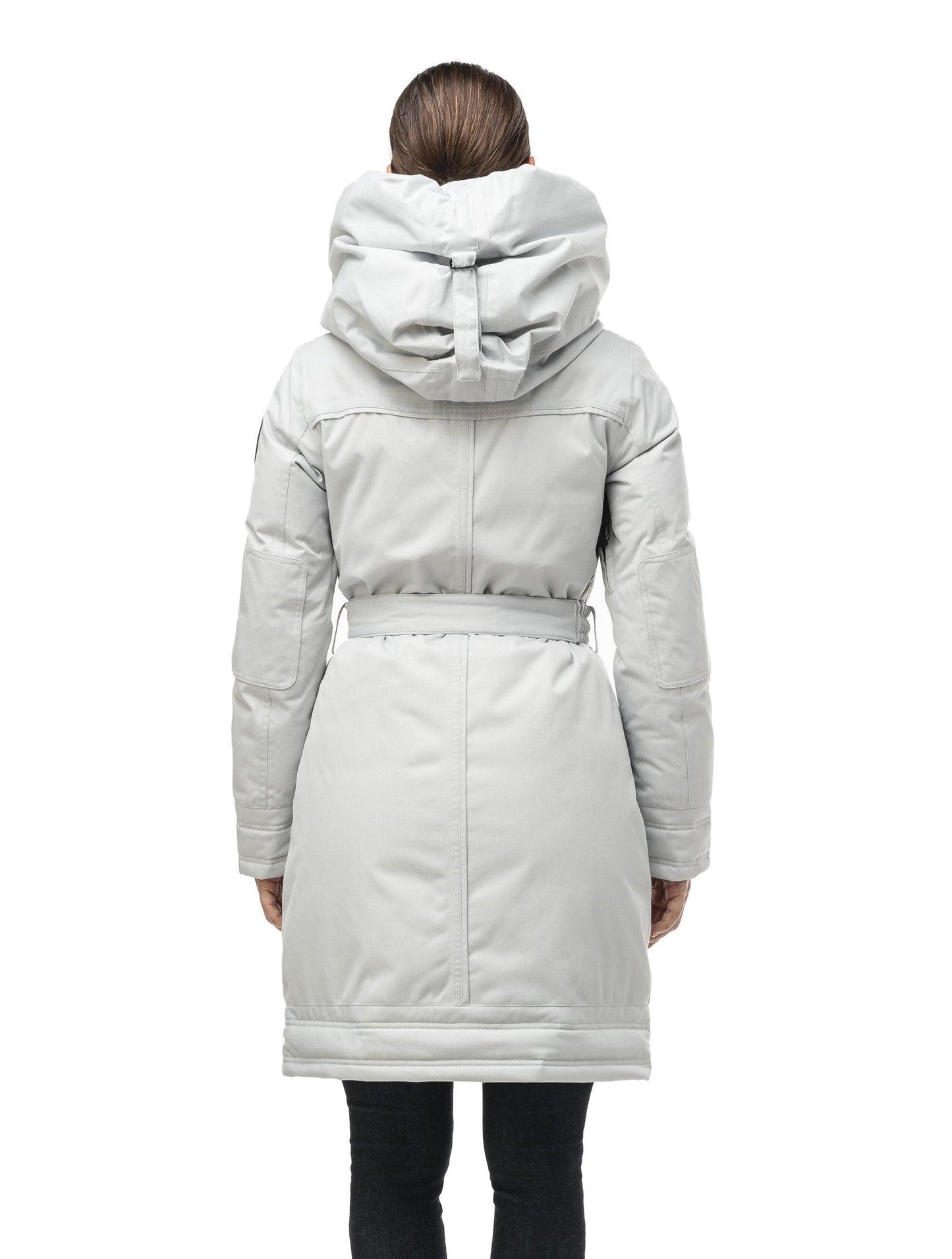 Women's Thigh length own parka with a furless oversized hood in CH Light Grey