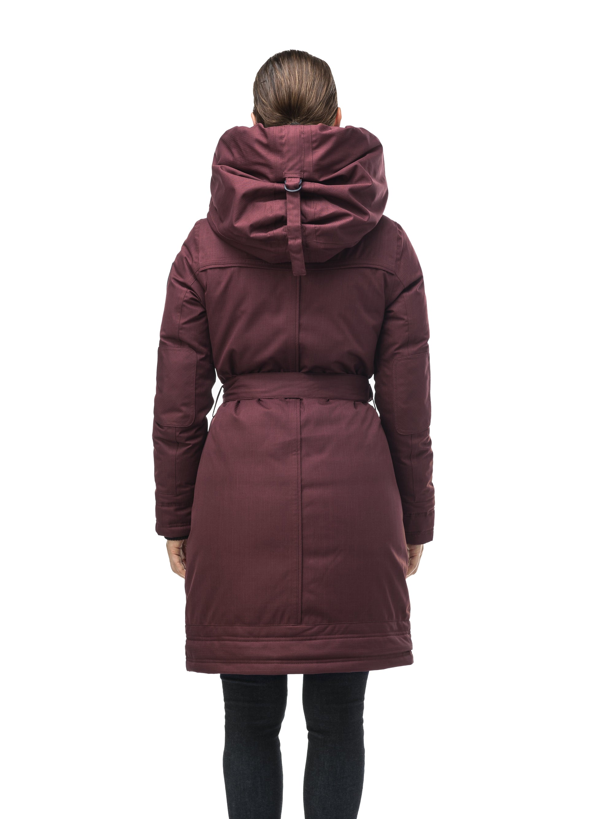 Women's Thigh length own parka with a furless oversized hood in Merlot