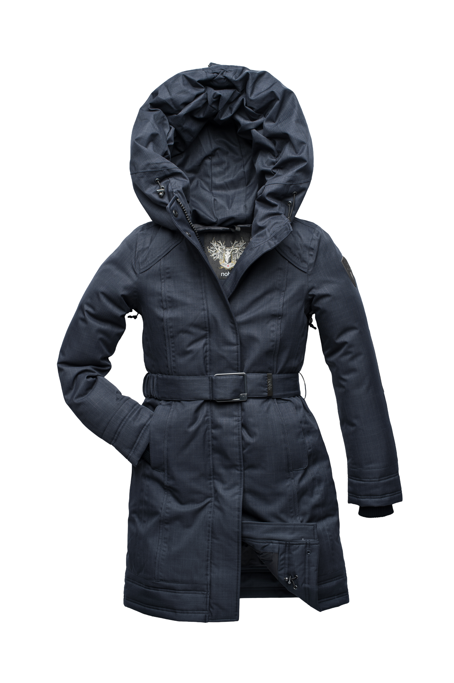 Women's Thigh length own parka with a furless oversized hood in CH Navy