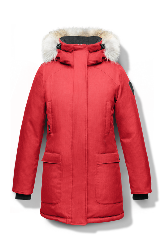 Women's down filled parka that sits just below the hip with a clean look and two hip patch pockets in CH Red + CH Red