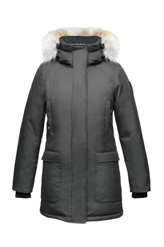 Women's down filled parka that sits just below the hip with a clean look and two hip patch pockets in CH Steel Grey + CH Steel Grey