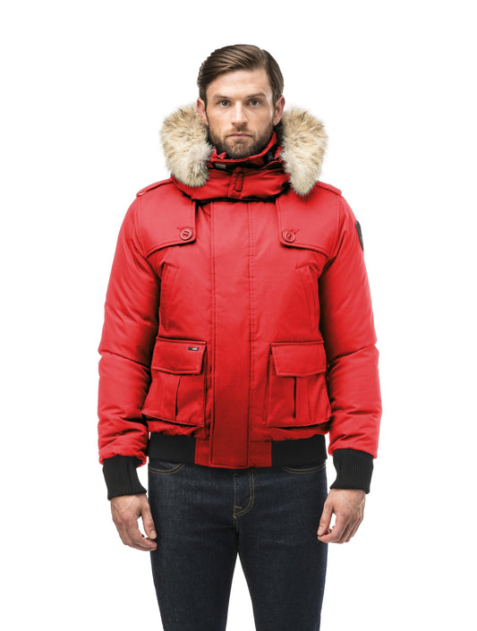 Men's down filled bomber that sits just above the hips with a completely removable hood that's windproof, waterproof, and breathable in CH Red + CH Red