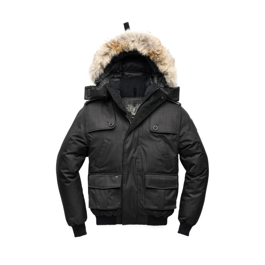 Men's down filled bomber that sits just above the hips with a completely removable hood that's windproof, waterproof, and breathable in CH Black + CH Black