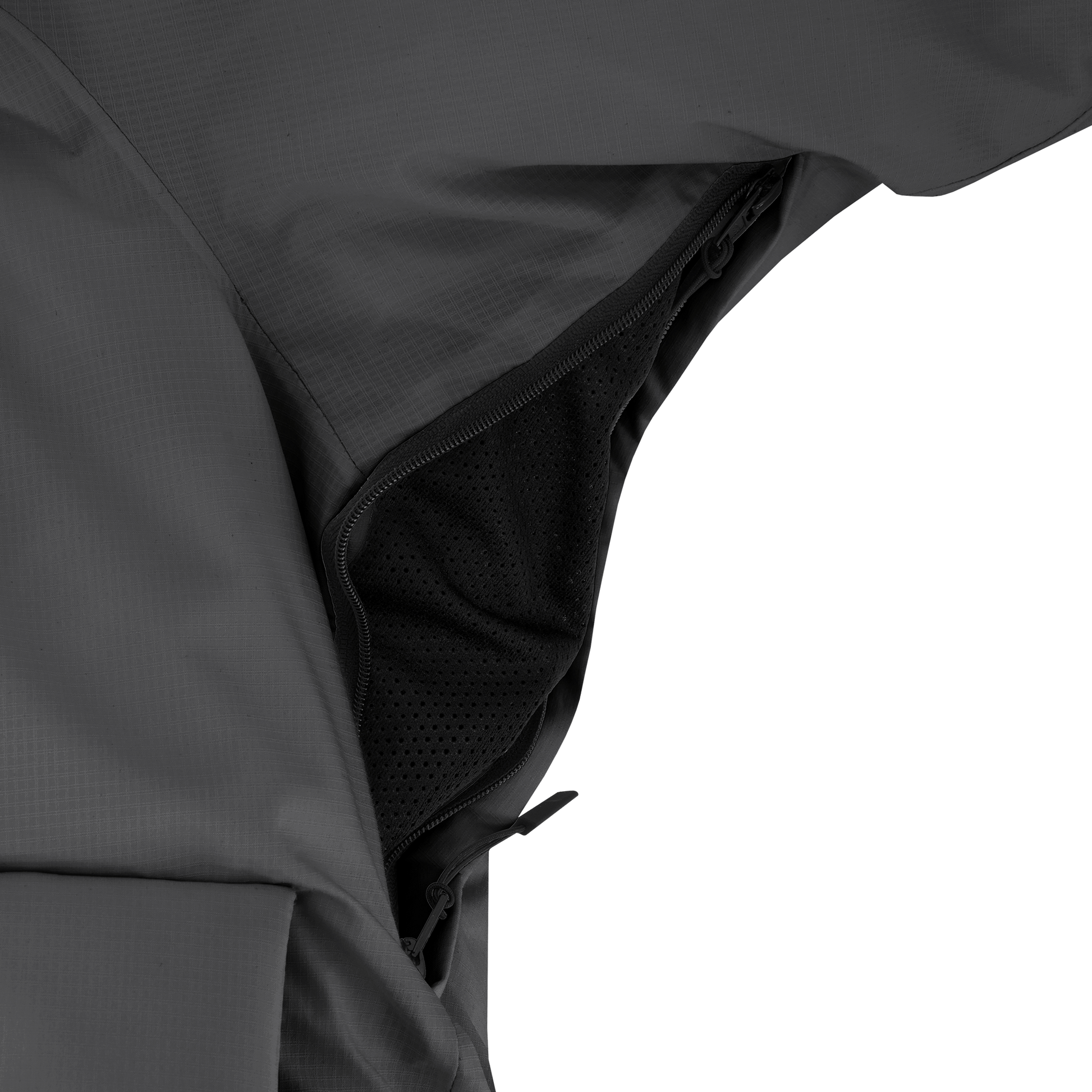 Dixon jacket in Black stretch ripstop fabric with DWR coating, large bellow pockets with magnetic flaps, hidden side-entry zipper pockets, and adjustable cuffs and hem for a tailored fit. Durable, weather-resistant, and versatile.