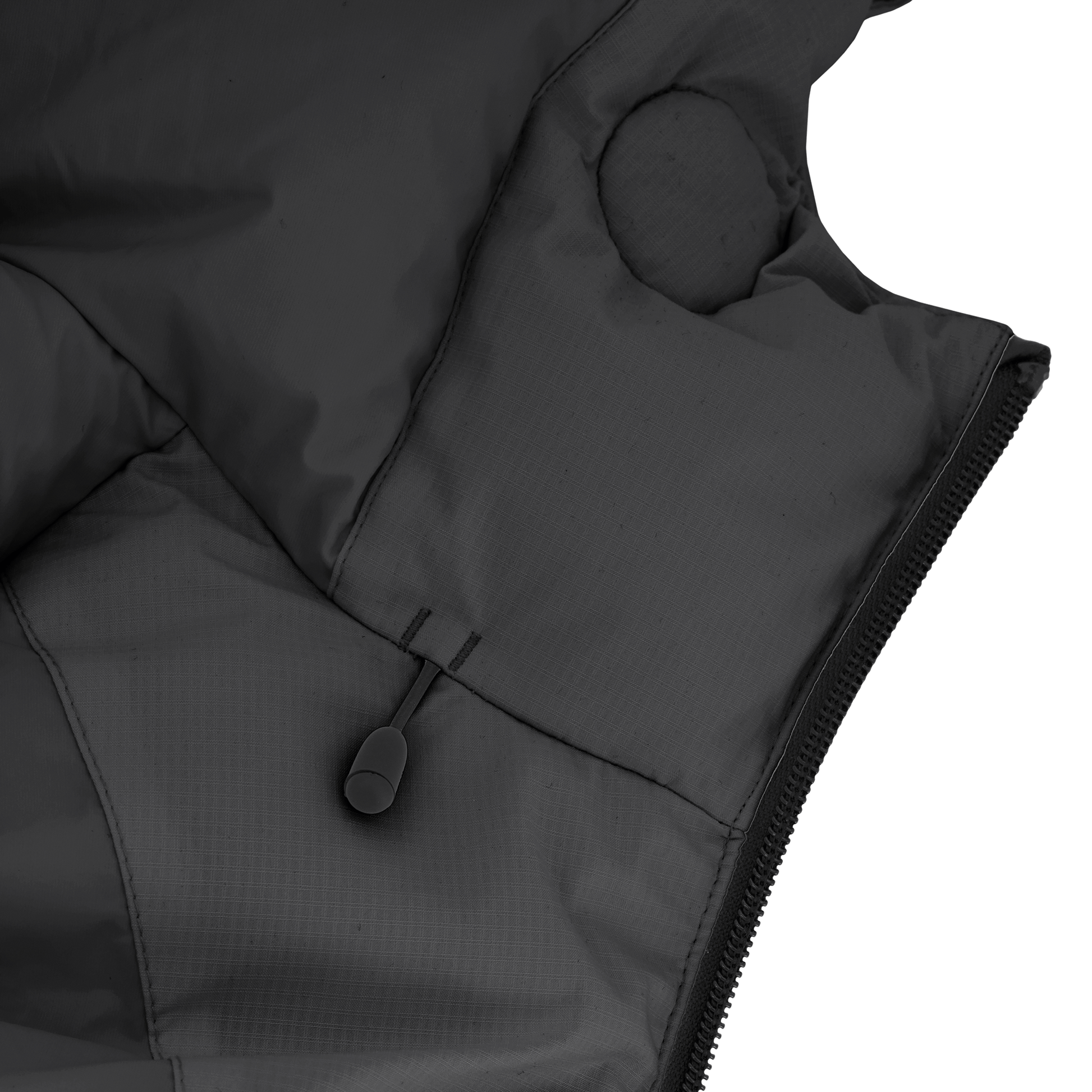 Dixon jacket in Black stretch ripstop fabric with DWR coating, large bellow pockets with magnetic flaps, hidden side-entry zipper pockets, and adjustable cuffs and hem for a tailored fit. Durable, weather-resistant, and versatile.