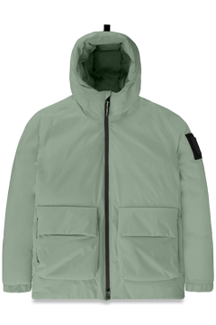 Dixon jacket in Duck Green stretch ripstop fabric with DWR coating, large bellow pockets with magnetic flaps, hidden side-entry zipper pockets, and adjustable cuffs and hem for a tailored fit. Durable, weather-resistant, and versatile.