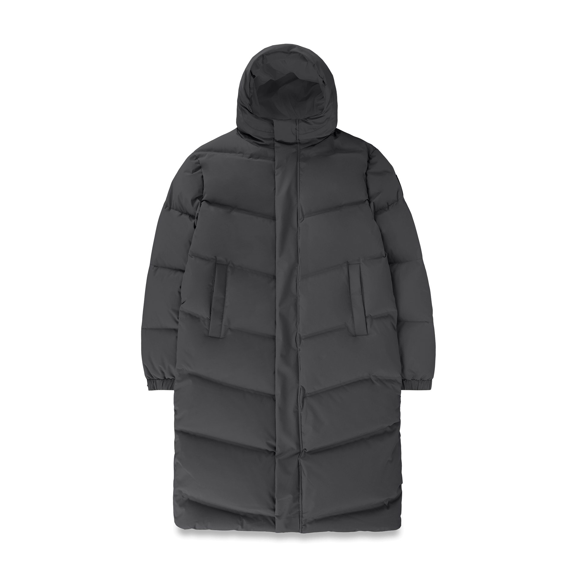 Granger long jacket in Black stretch ripstop fabric with DWR coating, insulated with Canadian white duck down and Primaloft. Features a two-way zipper, magnetic closure, and adjustable cuffs for warmth and weather protection.