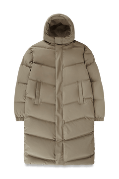 Granger long jacket in Bungee Cord stretch ripstop fabric with DWR coating, insulated with Canadian white duck down and Primaloft. Features a two-way zipper, magnetic closure, and adjustable cuffs for warmth and weather protection.