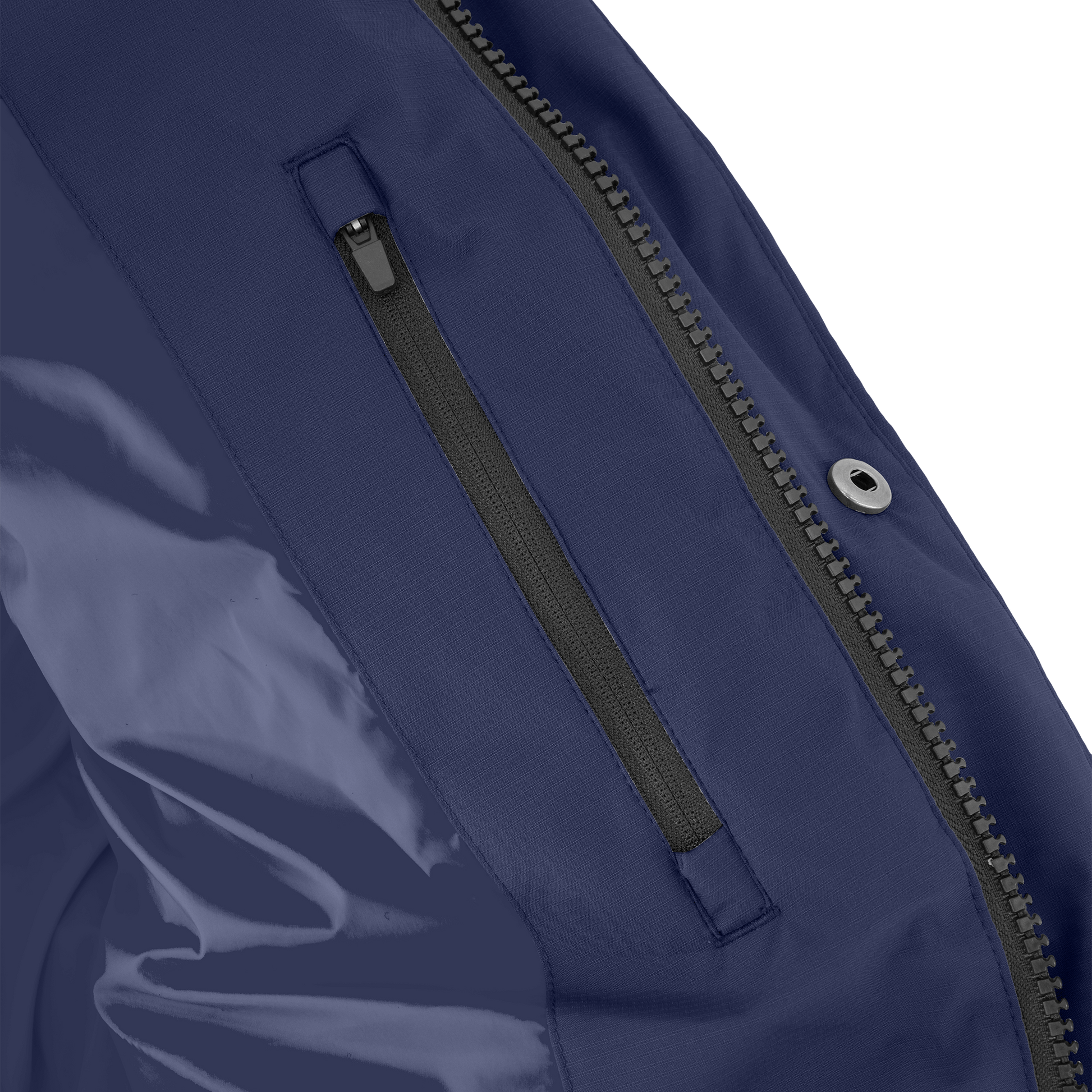 Granger long jacket in Marine stretch ripstop fabric with DWR coating, insulated with Canadian white duck down and Primaloft. Features a two-way zipper, magnetic closure, and adjustable cuffs for warmth and weather protection.