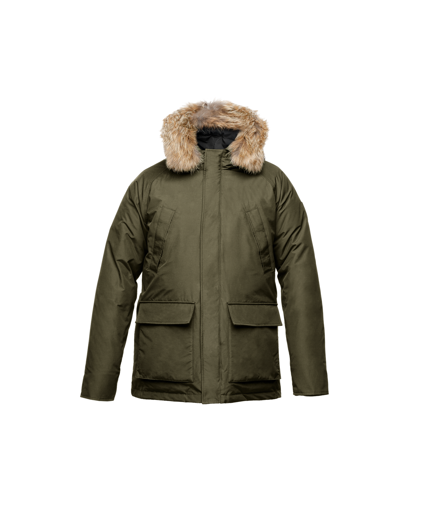 Men's waist length down filled jacket with two front pockets with magnetic closure and a removable fur trim on the hood in CH Army Green