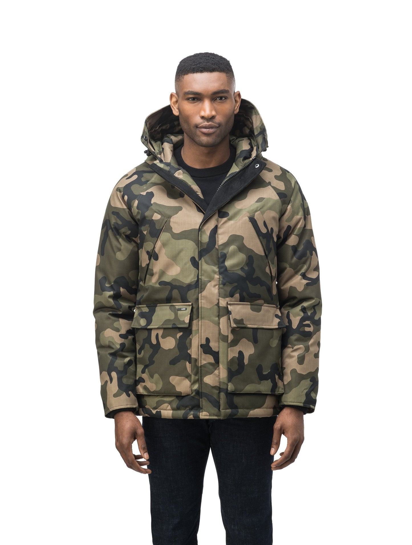 Men's waist length down filled jacket with two front pockets with magnetic closure and a removable fur trim on the hood in CH Camo