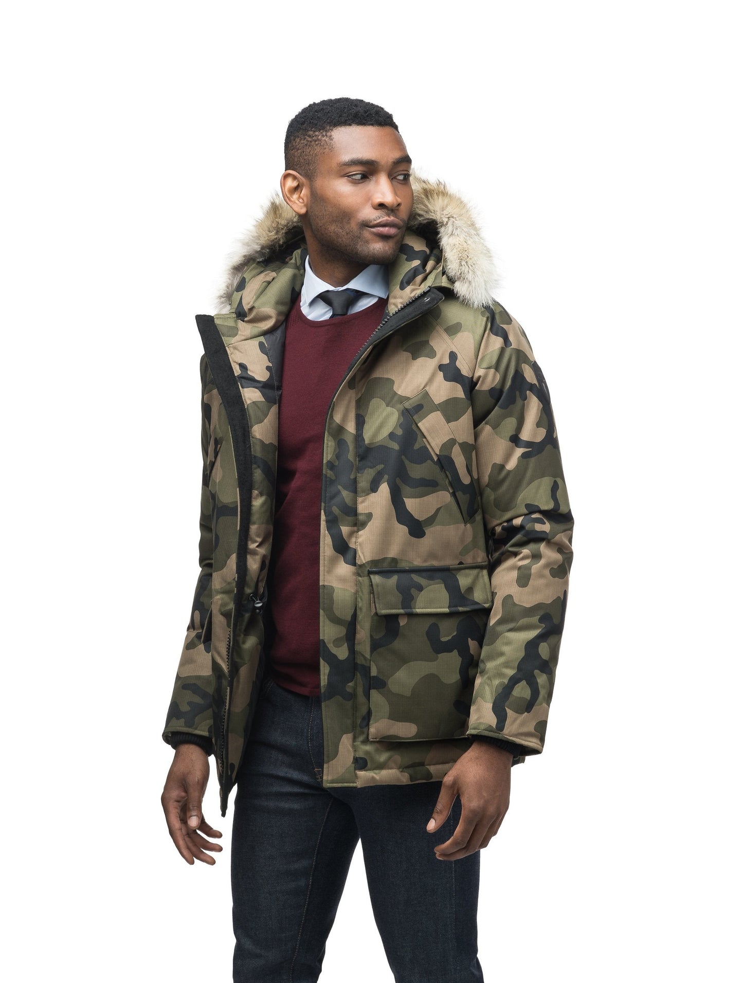 Men's waist length down filled jacket with two front pockets with magnetic closure and a removable fur trim on the hood in CH Camo