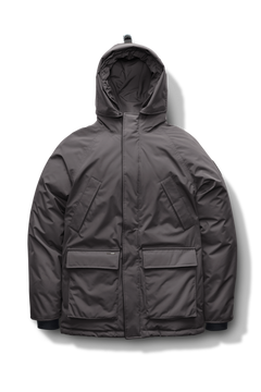 Heritage Furless Men's Parka in hip length, Canadian white duck down insulation, non-removable hood, front zipper with magnetic placket, chest hand warmer pockets, waist flap pockets, and elastic cuffs, in Steel Grey