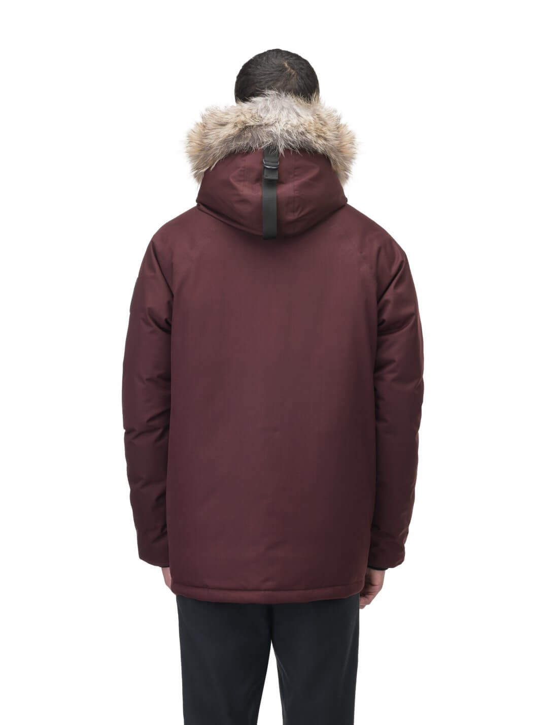 Men's waist length down filled jacket with two front pockets with magnetic closure and a removable fur trim on the hood in Merlot