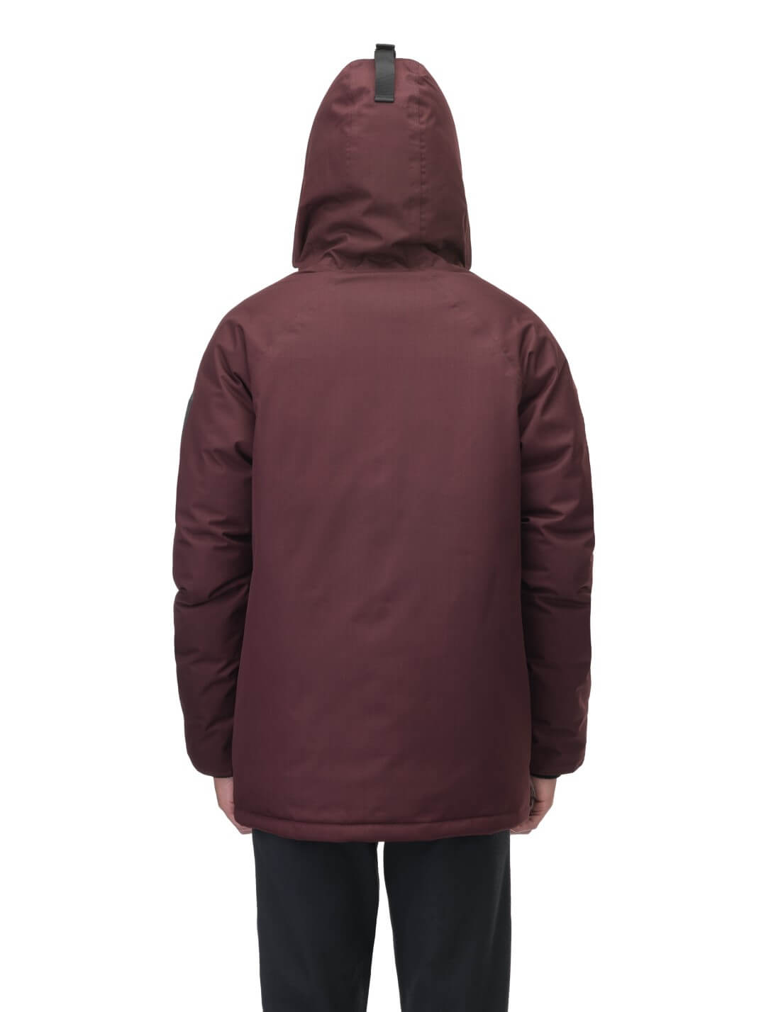 Men's waist length down filled jacket with two front pockets with magnetic closure and a removable fur trim on the hood in Merlot